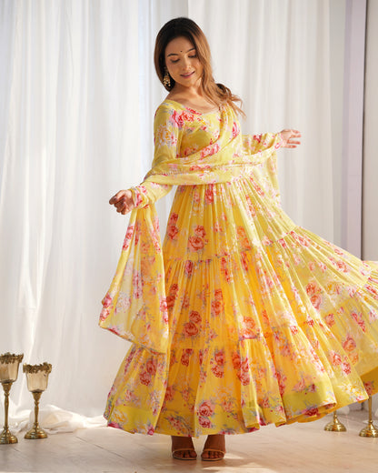PURE SOFT FOX GEORGETTE FLORAL PRINT FABRIC FULLY FLAIR ANARKALI,WITH DUPPTA SET,PENT READY TO WEAR