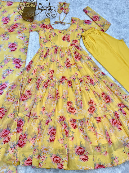 PURE SOFT FOX GEORGETTE FLORAL PRINT FABRIC FULLY FLAIR ANARKALI,WITH DUPPTA SET,PENT READY TO WEAR