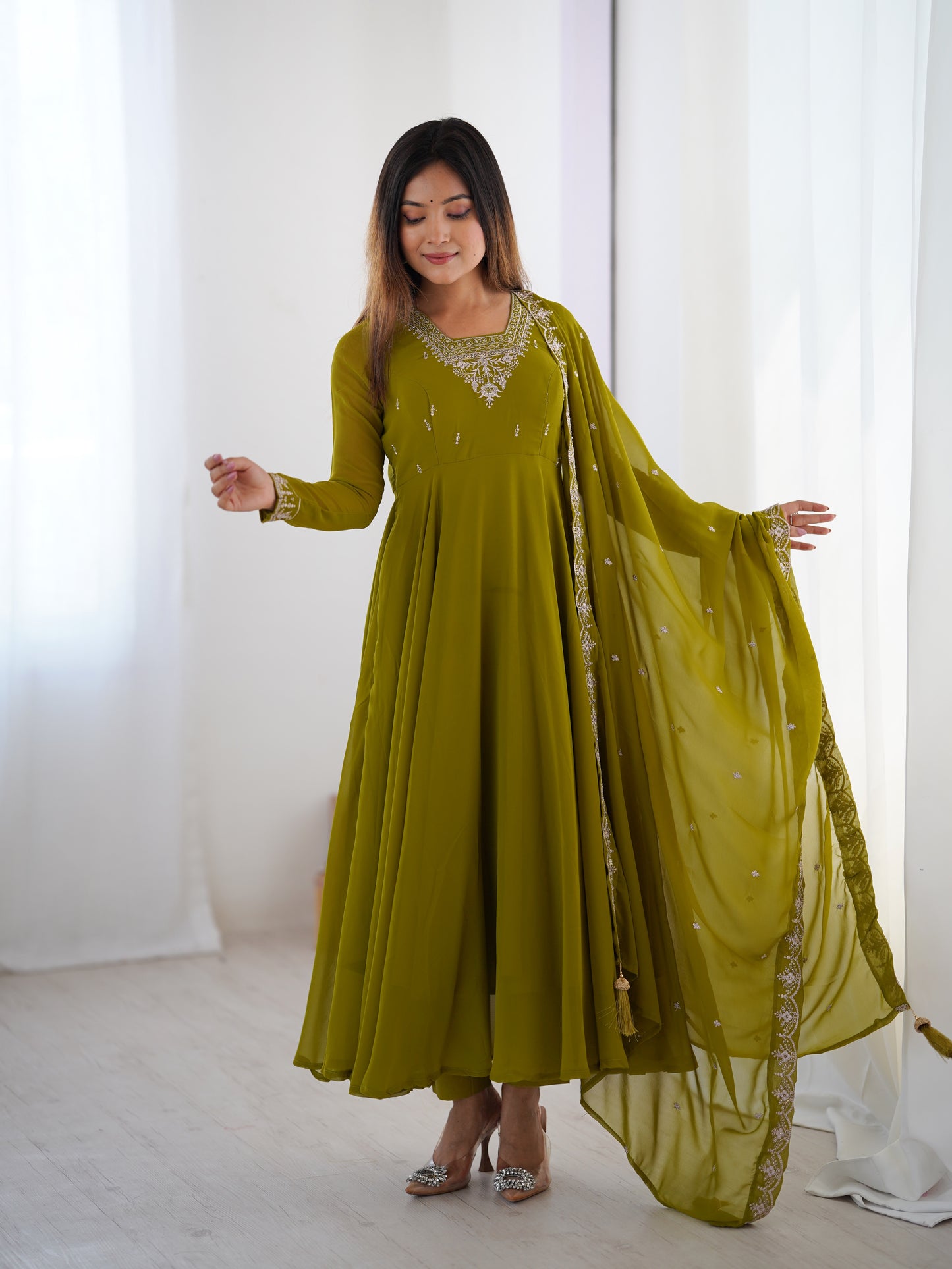 PURE SOFT FOX GEORGETTE FABRIC FULLY FLAIR ANARKALI, WITH DUPPTA SET, PENT READY TO WEAR