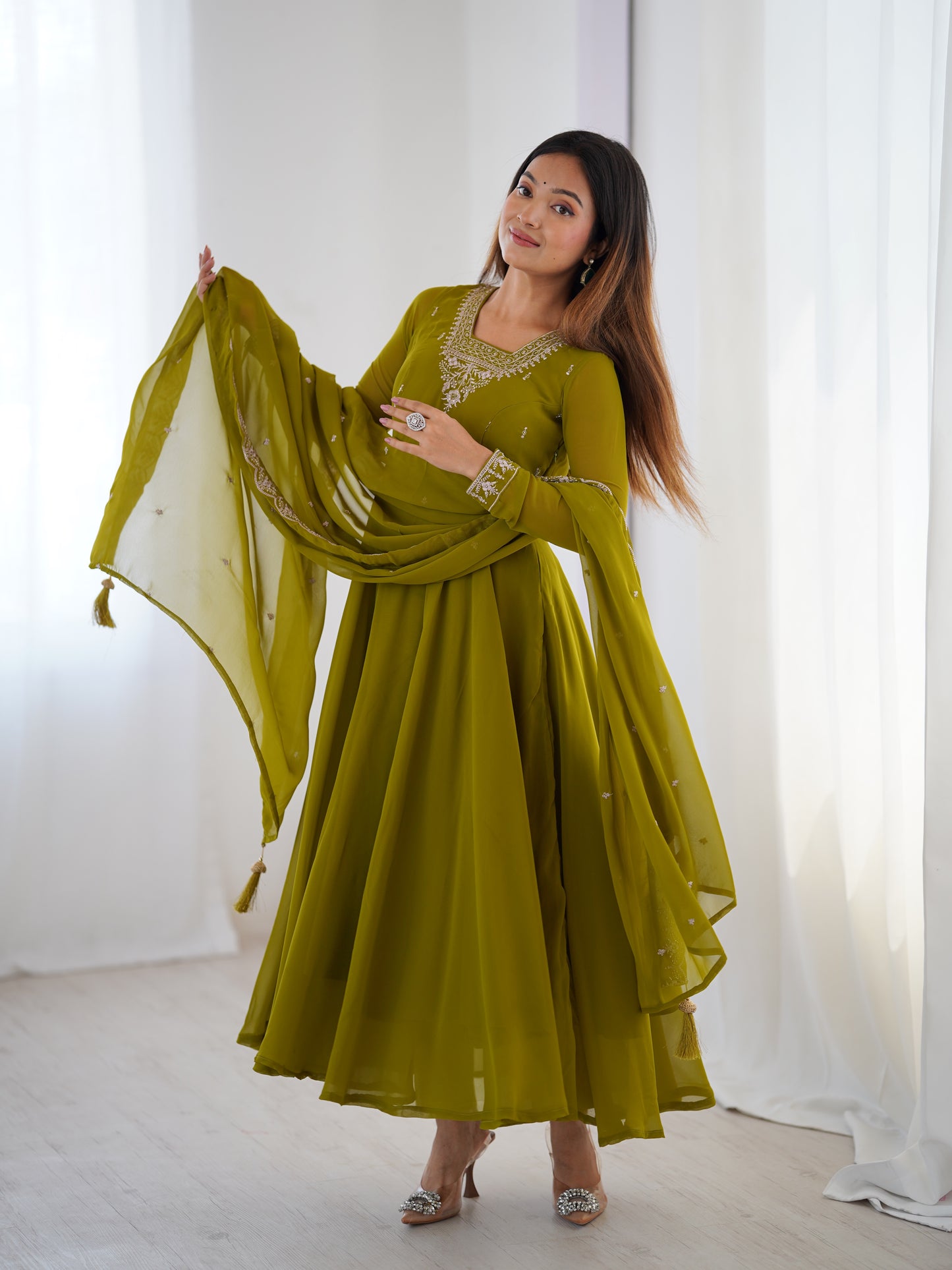 PURE SOFT FOX GEORGETTE FABRIC FULLY FLAIR ANARKALI, WITH DUPPTA SET, PENT READY TO WEAR