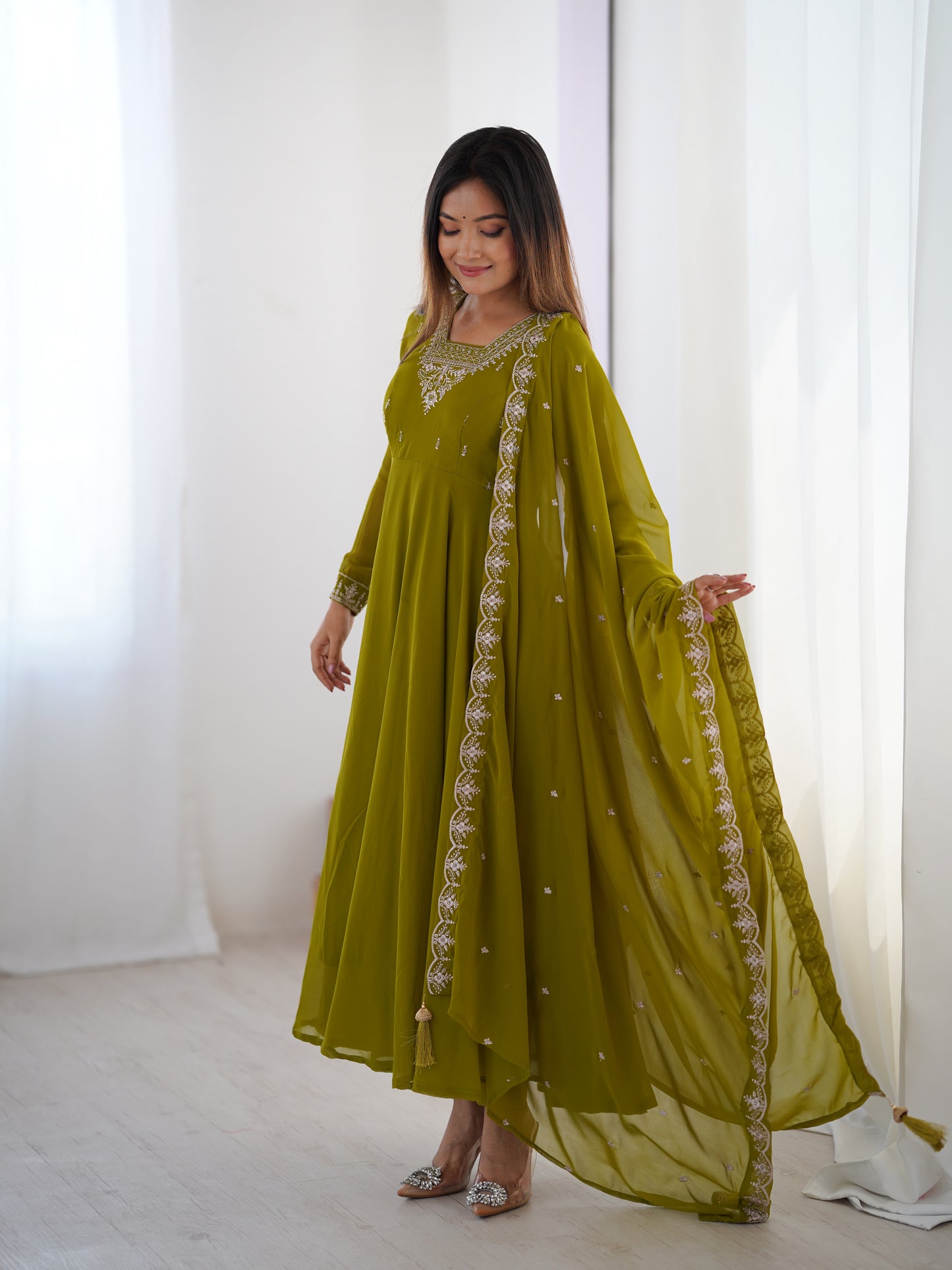 PURE SOFT FOX GEORGETTE FABRIC FULLY FLAIR ANARKALI, WITH DUPPTA SET, PENT READY TO WEAR