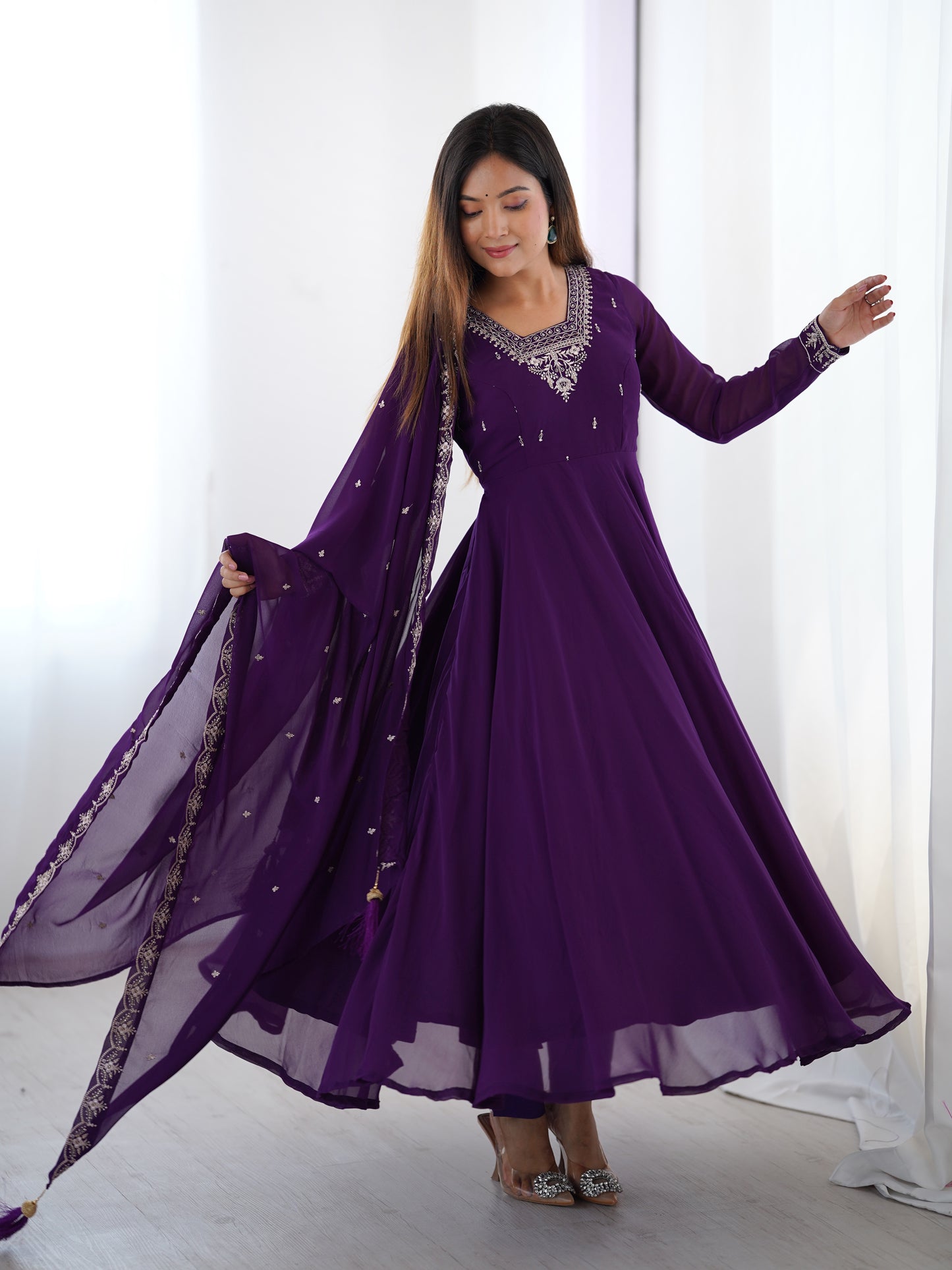 PURE SOFT FOX GEORGETTE FABRIC FULLY FLAIR ANARKALI, WITH DUPPTA SET, PENT READY TO WEAR