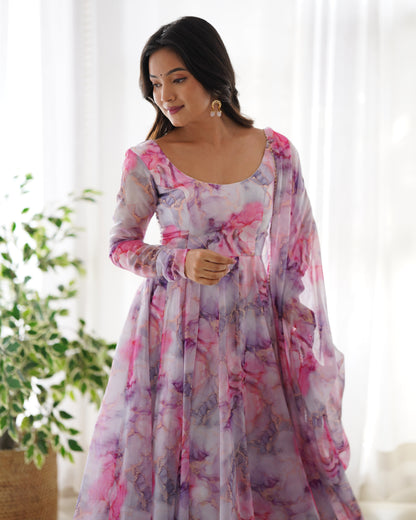 PINK HEAVY SOFT ORGANZA FULLY FAILR KALI PATTERN DESIGNER LONG KURTI SET