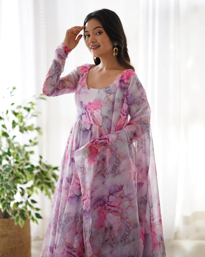 PINK HEAVY SOFT ORGANZA FULLY FAILR KALI PATTERN DESIGNER LONG KURTI SET