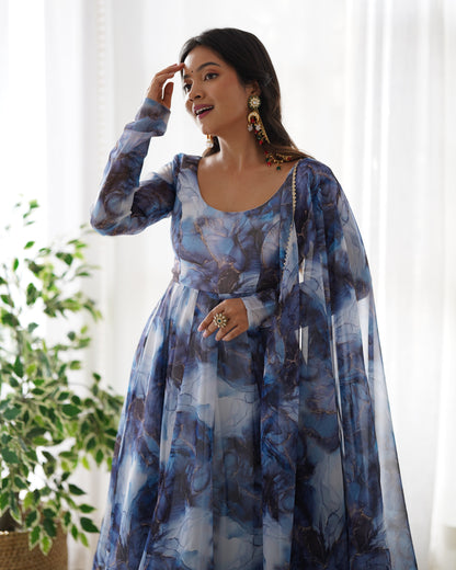 PURE SOFT ORGANJA SILK MARBLE PRINT FABRIC FULLY FLAIR KALI PATTERN AND CANVAS PATTA WITH DUPPTA SET,PENT READY TO WEAR