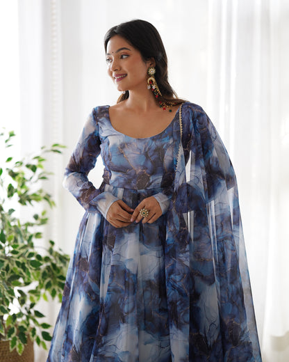PURE SOFT ORGANJA SILK MARBLE PRINT FABRIC FULLY FLAIR KALI PATTERN AND CANVAS PATTA WITH DUPPTA SET,PENT READY TO WEAR