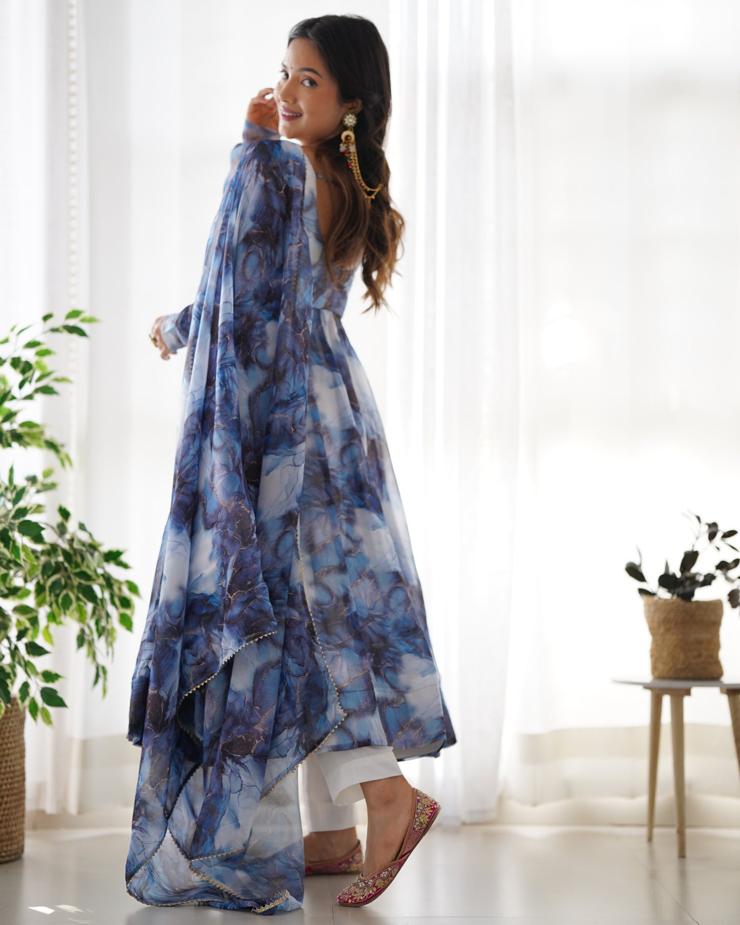 PURE SOFT ORGANJA SILK MARBLE PRINT FABRIC FULLY FLAIR KALI PATTERN AND CANVAS PATTA WITH DUPPTA SET,PENT READY TO WEAR