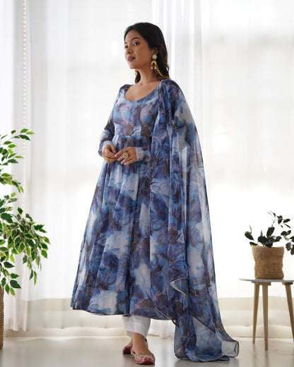 PURE SOFT ORGANJA SILK MARBLE PRINT FABRIC FULLY FLAIR KALI PATTERN AND CANVAS PATTA WITH DUPPTA SET,PENT READY TO WEAR