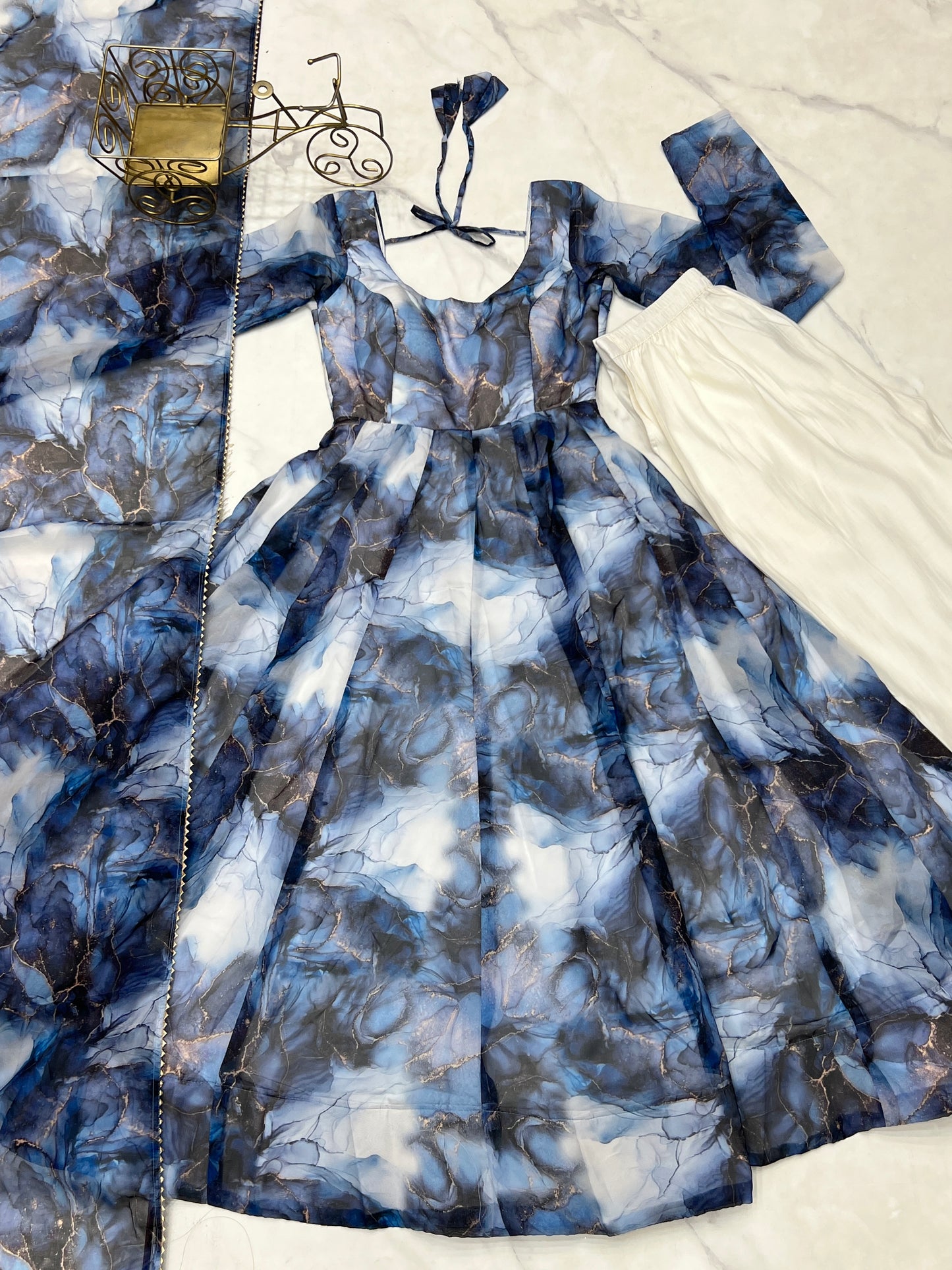 PURE SOFT ORGANJA SILK MARBLE PRINT FABRIC FULLY FLAIR KALI PATTERN AND CANVAS PATTA WITH DUPPTA SET,PENT READY TO WEAR