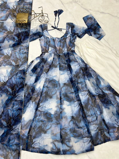 PURE SOFT ORGANJA SILK MARBLE PRINT FABRIC FULLY FLAIR KALI PATTERN AND CANVAS PATTA WITH DUPPTA SET,PENT READY TO WEAR