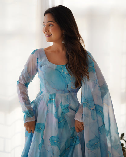 PURE SOFT ORGANJA SILK MARBLE PRINT FABRIC FULLY FLAIR KALI PATTERN AND CANVAS PATTA WITH DUPPTA SET,PENT READY TO WEAR
