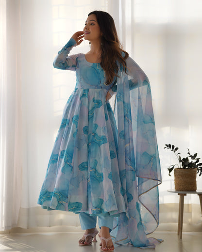 PURE SOFT ORGANJA SILK MARBLE PRINT FABRIC FULLY FLAIR KALI PATTERN AND CANVAS PATTA WITH DUPPTA SET,PENT READY TO WEAR