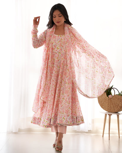 PURE ORANGE CHIFFON FLORAL PRINT FABRIC FULLY FLAIR ANARKALI, WITH DUPPTA SET, PENT READY TO WEAR