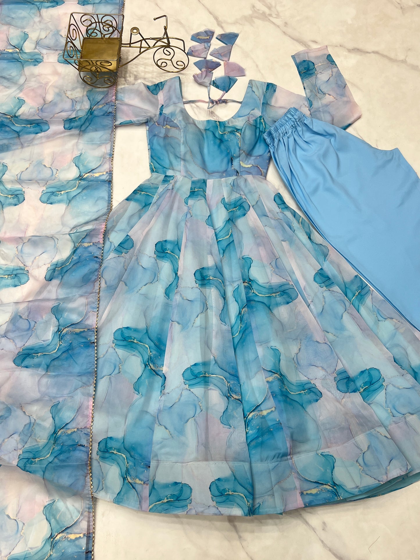 PURE SOFT ORGANJA SILK MARBLE PRINT FABRIC FULLY FLAIR KALI PATTERN AND CANVAS PATTA WITH DUPPTA SET,PENT READY TO WEAR