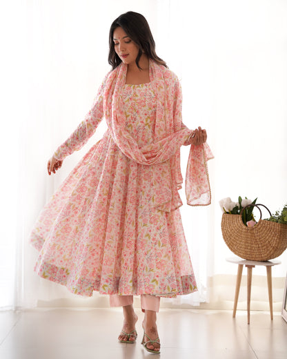 PURE ORANGE CHIFFON FLORAL PRINT FABRIC FULLY FLAIR ANARKALI, WITH DUPPTA SET, PENT READY TO WEAR