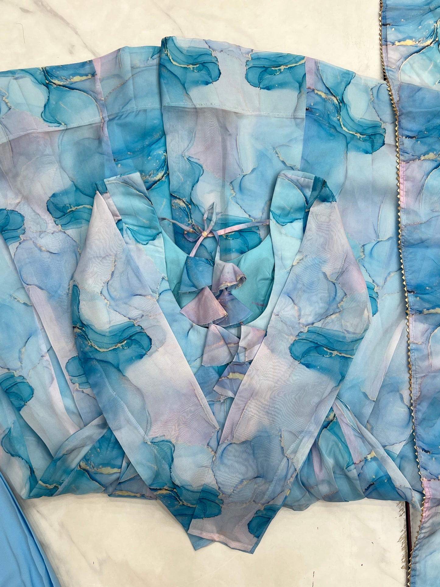 PURE SOFT ORGANJA SILK MARBLE PRINT FABRIC FULLY FLAIR KALI PATTERN AND CANVAS PATTA WITH DUPPTA SET,PENT READY TO WEAR