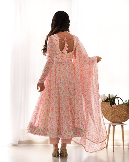 PURE ORANGE CHIFFON FLORAL PRINT FABRIC FULLY FLAIR ANARKALI, WITH DUPPTA SET, PENT READY TO WEAR