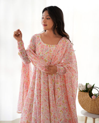 PURE ORANGE CHIFFON FLORAL PRINT FABRIC FULLY FLAIR ANARKALI, WITH DUPPTA SET, PENT READY TO WEAR