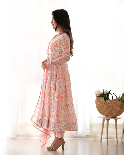 PURE ORANGE CHIFFON FLORAL PRINT FABRIC FULLY FLAIR ANARKALI, WITH DUPPTA SET, PENT READY TO WEAR