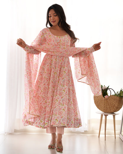 PURE ORANGE CHIFFON FLORAL PRINT FABRIC FULLY FLAIR ANARKALI, WITH DUPPTA SET, PENT READY TO WEAR