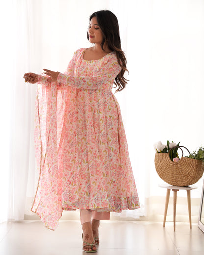PURE ORANGE CHIFFON FLORAL PRINT FABRIC FULLY FLAIR ANARKALI, WITH DUPPTA SET, PENT READY TO WEAR