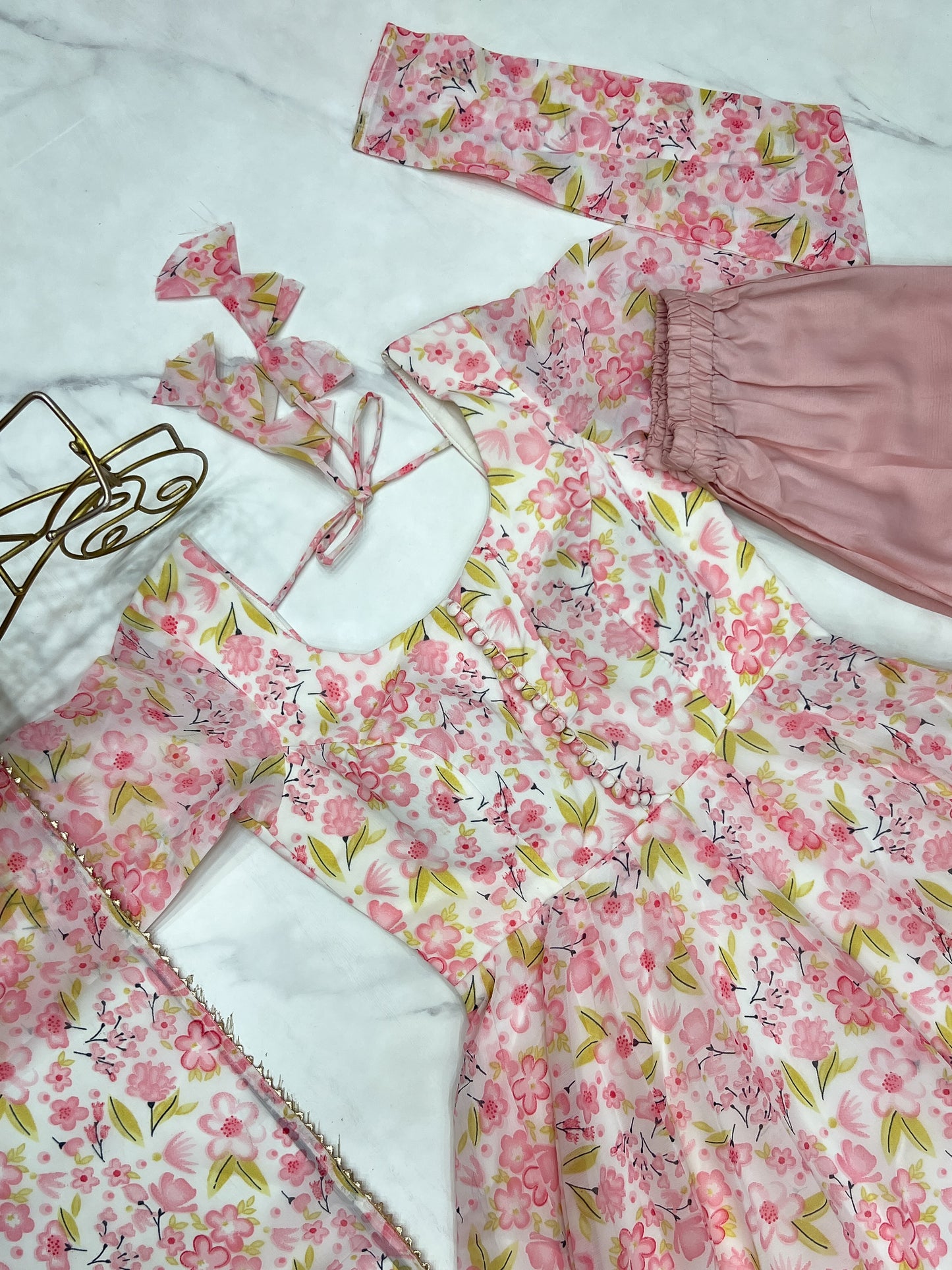 PURE ORANGE CHIFFON FLORAL PRINT FABRIC FULLY FLAIR ANARKALI, WITH DUPPTA SET, PENT READY TO WEAR