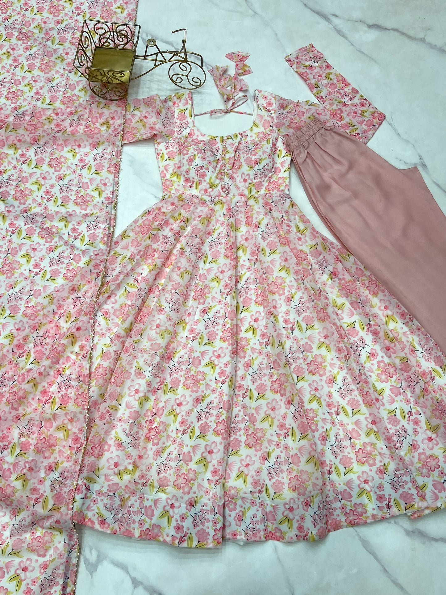 PURE ORANGE CHIFFON FLORAL PRINT FABRIC FULLY FLAIR ANARKALI, WITH DUPPTA SET, PENT READY TO WEAR