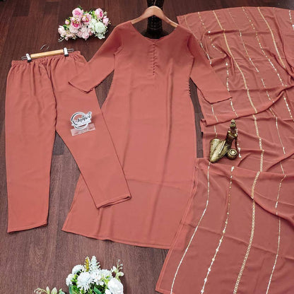 Heavy Faux Georgette With Heavy Paper Mirror Embroidery Work With Full Sleeve Fancy Top-Dupatta and Fully Stitched Bottom