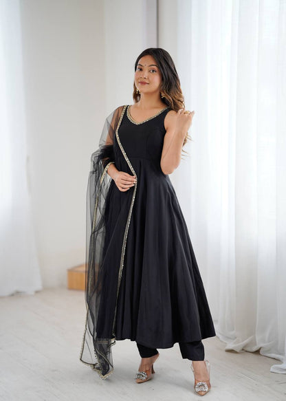 PURE ROMANSILK CHANDERI FABRIC FULLY FLAIR ANARKALI, WITH DUPPTA SET, PENT READY TO WEAR