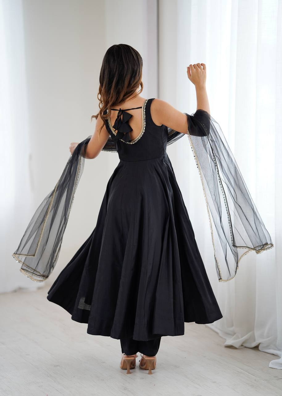 PURE ROMANSILK CHANDERI FABRIC FULLY FLAIR ANARKALI, WITH DUPPTA SET, PENT READY TO WEAR