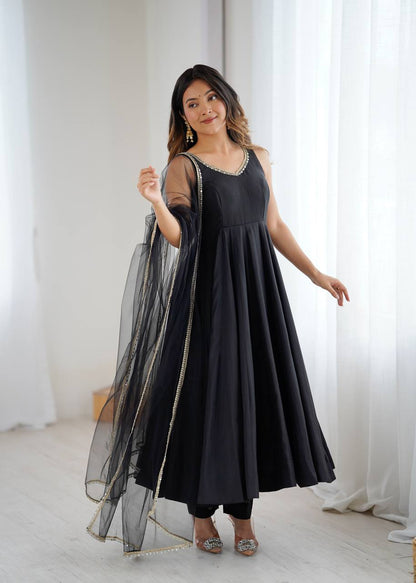 PURE ROMANSILK CHANDERI FABRIC FULLY FLAIR ANARKALI, WITH DUPPTA SET, PENT READY TO WEAR
