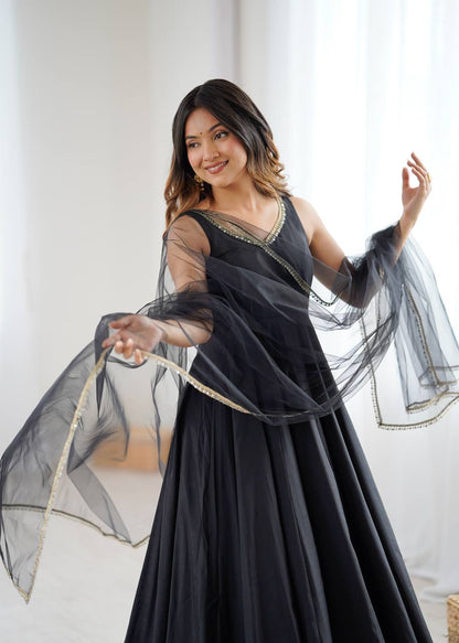 PURE ROMANSILK CHANDERI FABRIC FULLY FLAIR ANARKALI, WITH DUPPTA SET, PENT READY TO WEAR