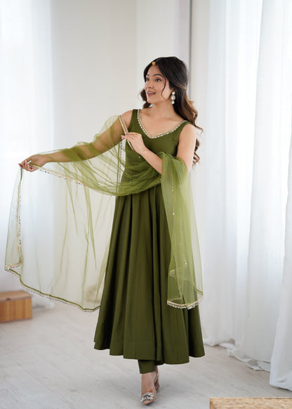 PURE ROMANSILK CHANDERI FABRIC FULLY FLAIR ANARKALI, WITH DUPPTA SET, PENT READY TO WEAR