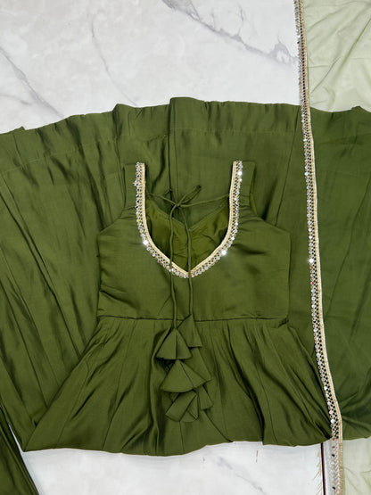 PURE ROMANSILK CHANDERI FABRIC FULLY FLAIR ANARKALI, WITH DUPPTA SET, PENT READY TO WEAR