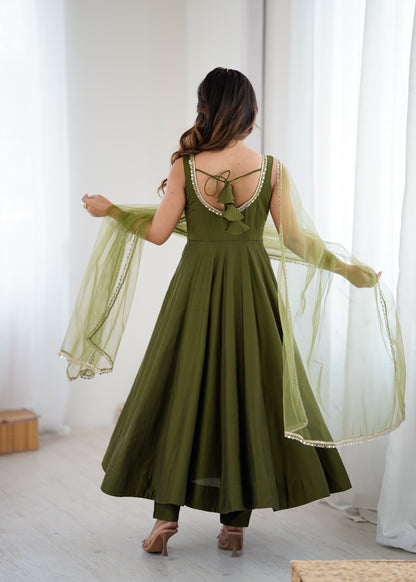 PURE ROMANSILK CHANDERI FABRIC FULLY FLAIR ANARKALI, WITH DUPPTA SET, PENT READY TO WEAR