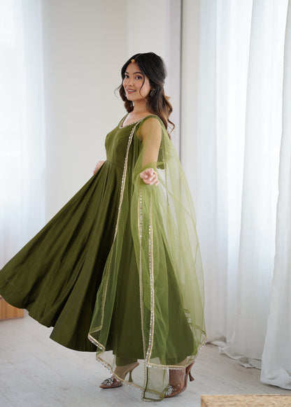 PURE ROMANSILK CHANDERI FABRIC FULLY FLAIR ANARKALI, WITH DUPPTA SET, PENT READY TO WEAR