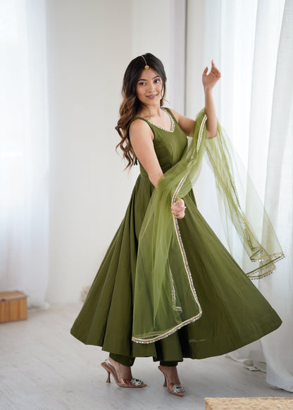 PURE ROMANSILK CHANDERI FABRIC FULLY FLAIR ANARKALI, WITH DUPPTA SET, PENT READY TO WEAR