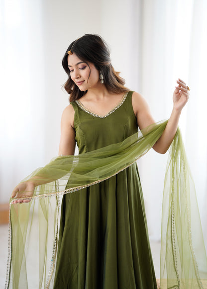 PURE ROMANSILK CHANDERI FABRIC FULLY FLAIR ANARKALI, WITH DUPPTA SET, PENT READY TO WEAR