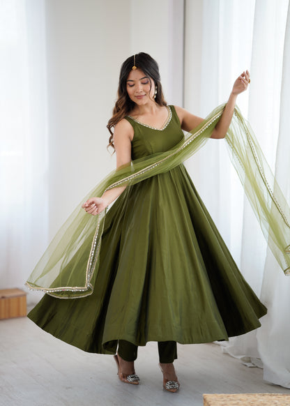 PURE ROMANSILK CHANDERI FABRIC FULLY FLAIR ANARKALI, WITH DUPPTA SET, PENT READY TO WEAR
