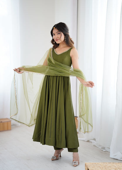 PURE ROMANSILK CHANDERI FABRIC FULLY FLAIR ANARKALI, WITH DUPPTA SET, PENT READY TO WEAR