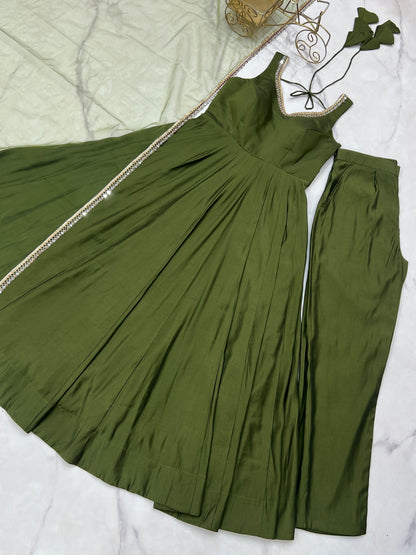 PURE ROMANSILK CHANDERI FABRIC FULLY FLAIR ANARKALI, WITH DUPPTA SET, PENT READY TO WEAR