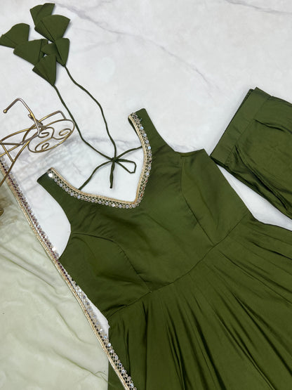 PURE ROMANSILK CHANDERI FABRIC FULLY FLAIR ANARKALI, WITH DUPPTA SET, PENT READY TO WEAR