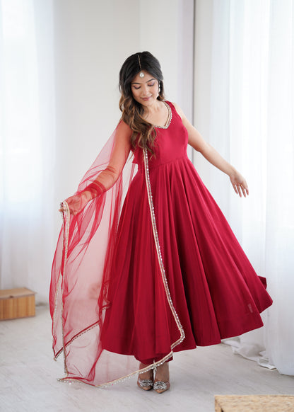 PURE ROMANSILK CHANDERI FABRIC FULLY FLAIR ANARKALI, WITH DUPPTA SET, PENT READY TO WEAR