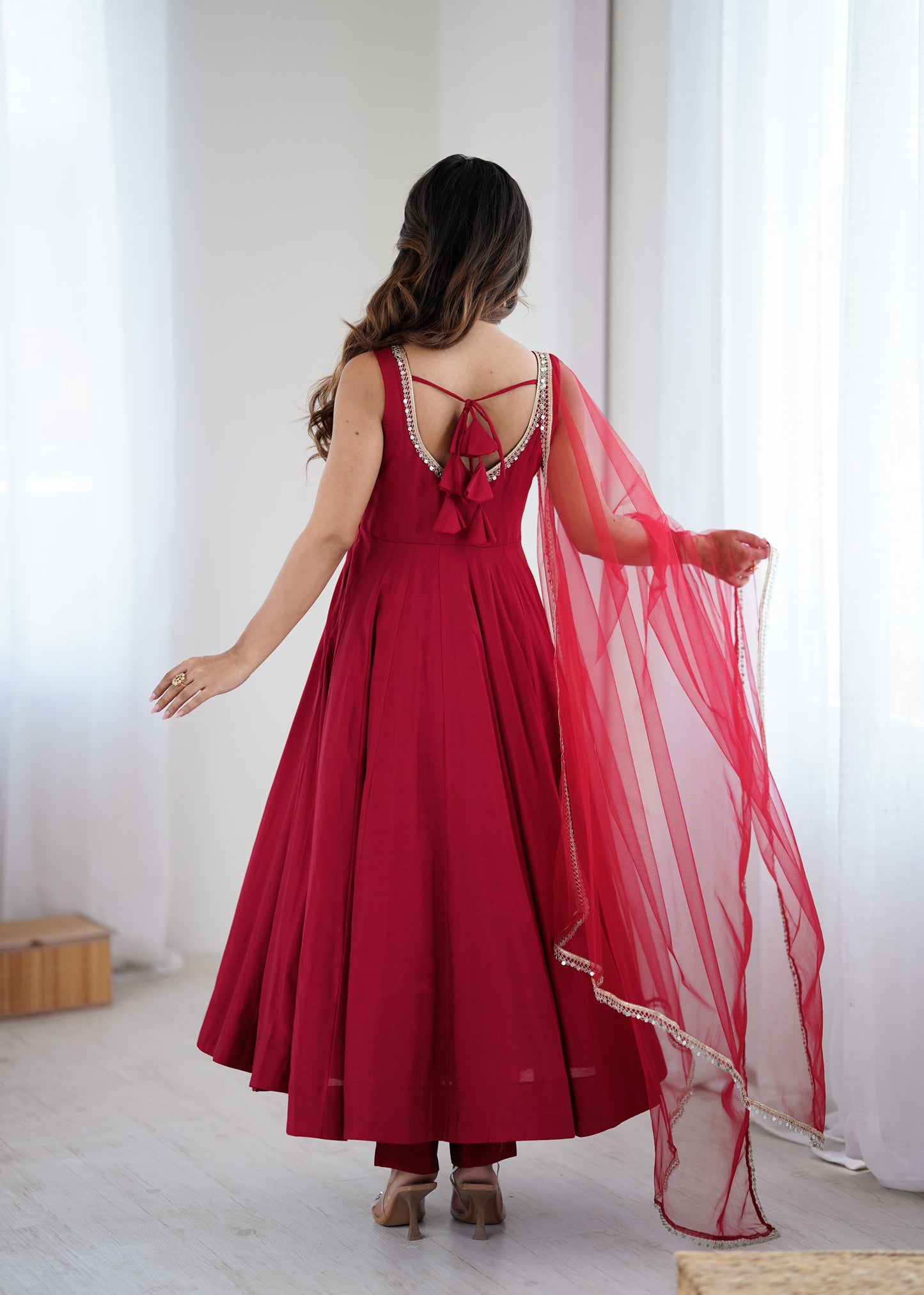 PURE ROMANSILK CHANDERI FABRIC FULLY FLAIR ANARKALI, WITH DUPPTA SET, PENT READY TO WEAR