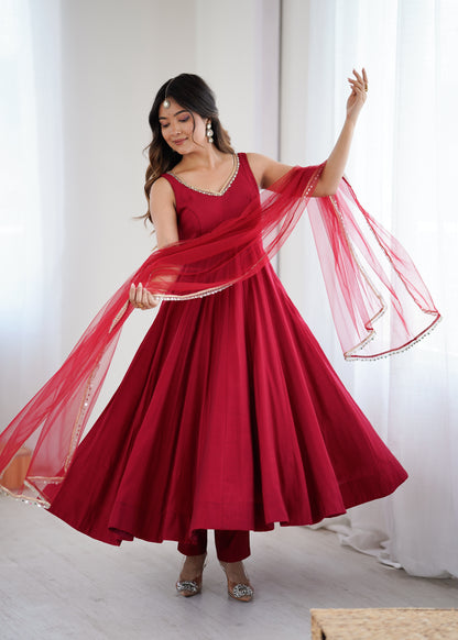 PURE ROMANSILK CHANDERI FABRIC FULLY FLAIR ANARKALI, WITH DUPPTA SET, PENT READY TO WEAR