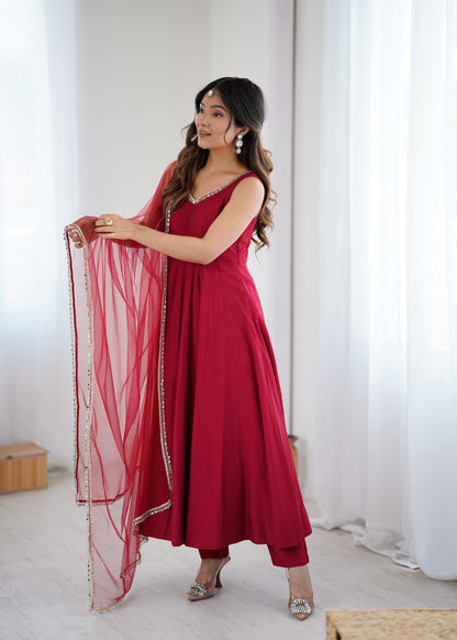 PURE ROMANSILK CHANDERI FABRIC FULLY FLAIR ANARKALI, WITH DUPPTA SET, PENT READY TO WEAR