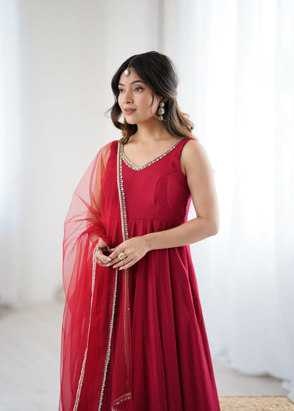 PURE ROMANSILK CHANDERI FABRIC FULLY FLAIR ANARKALI, WITH DUPPTA SET, PENT READY TO WEAR