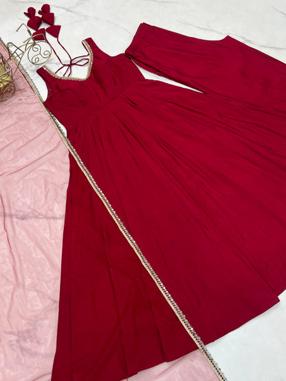 PURE ROMANSILK CHANDERI FABRIC FULLY FLAIR ANARKALI, WITH DUPPTA SET, PENT READY TO WEAR