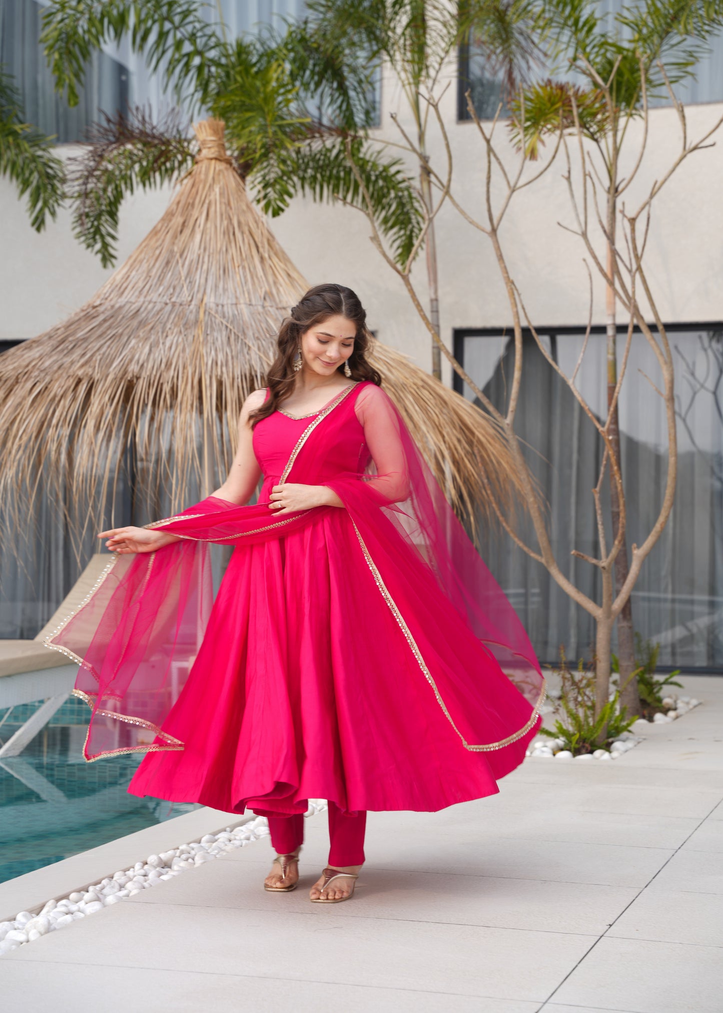 PURE ROMANSILK CHANDERI FABRIC FULLY FLAIR ANARKALI, WITH DUPPTA SET, PENT READY TO WEAR