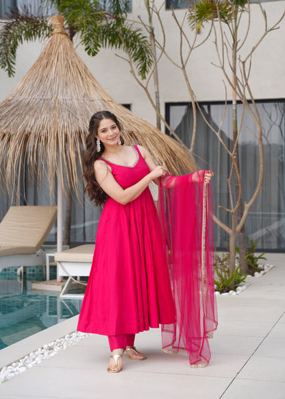 PURE ROMANSILK CHANDERI FABRIC FULLY FLAIR ANARKALI, WITH DUPPTA SET, PENT READY TO WEAR